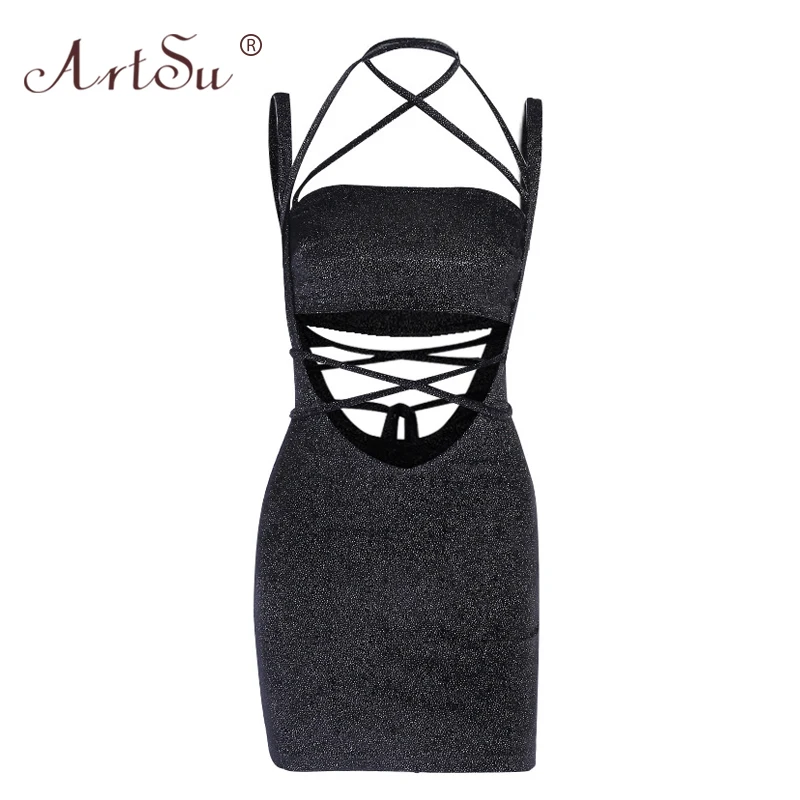ArtSu Sparkly Black Sexy Dresses Club Wear Women Bodycon Mini Bandage Dress Two Piece Set Fashion Hollow Out Halter Party | Женская