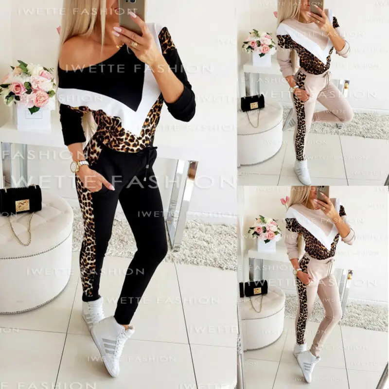 Женский спортивный костюм из 2 предметов свитшот с капюшоном и леопардовым