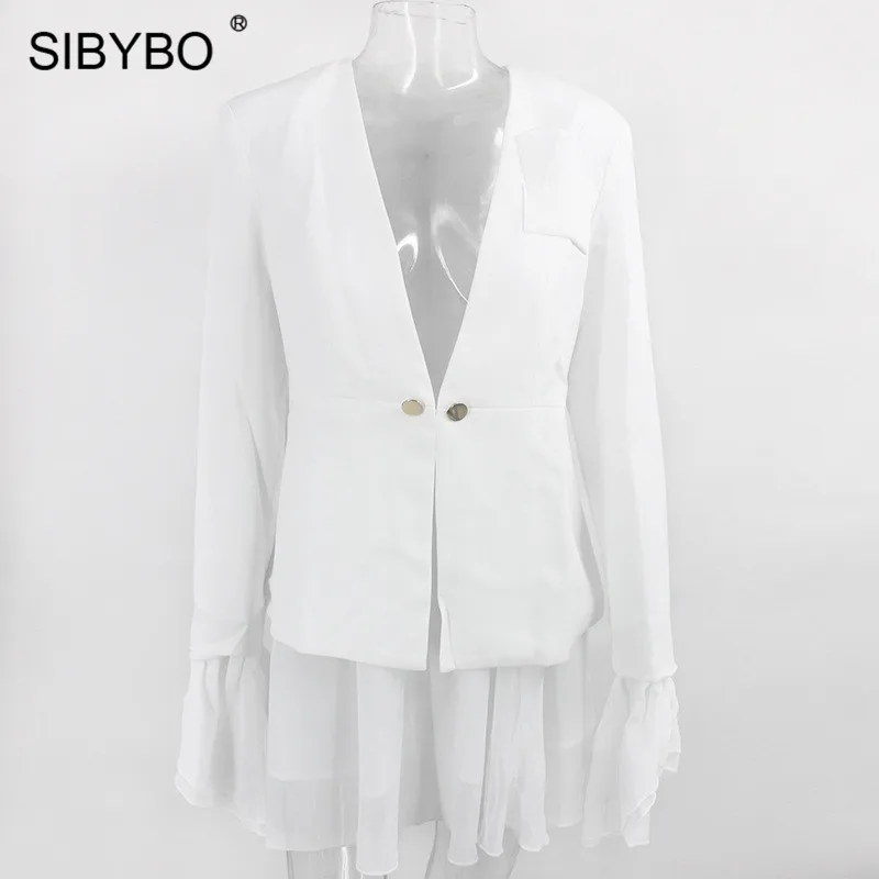 Белый SIBYBO, с расклешенными рукавами, в сеточку, сексуальный комплект из двух предметов, для женщин, с глубоким v-образным вырезом, с оборками, Женский блейзер и юбка, комплект, элегантный, для вечеринки, Женский комплект - Цвет: Белый