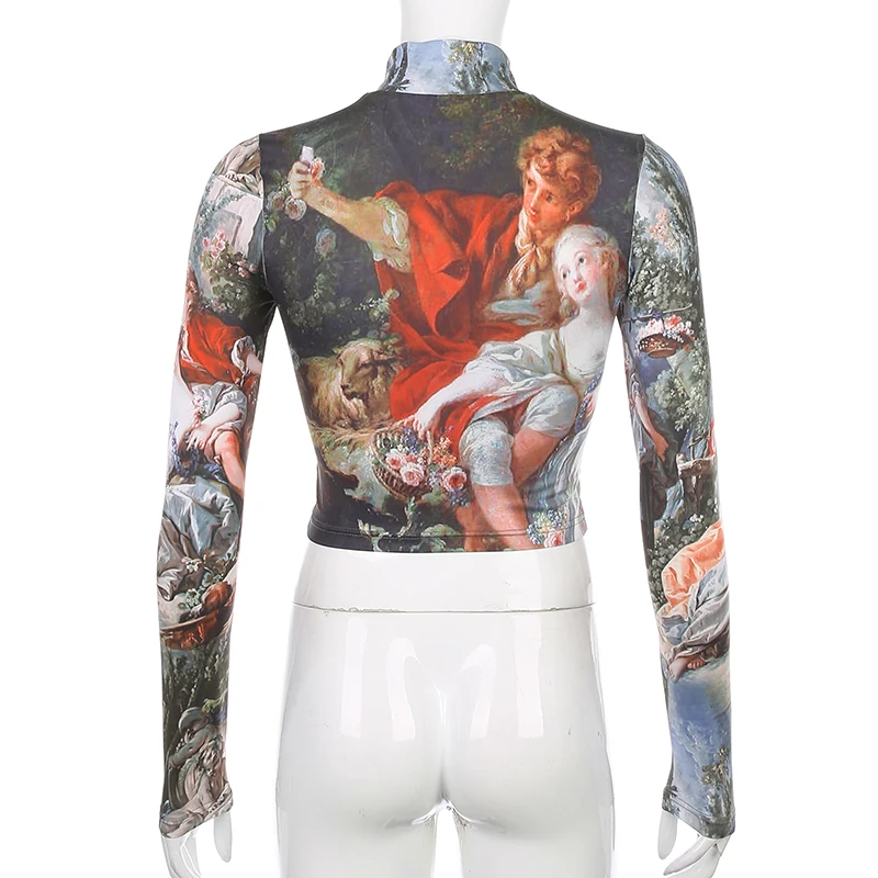 

Painting Vintage T-Shirt Women Cartoon Pattern Cute Tee Shirt Femme Turtleneck Long Sleeve Basic Crop Top T Shirts