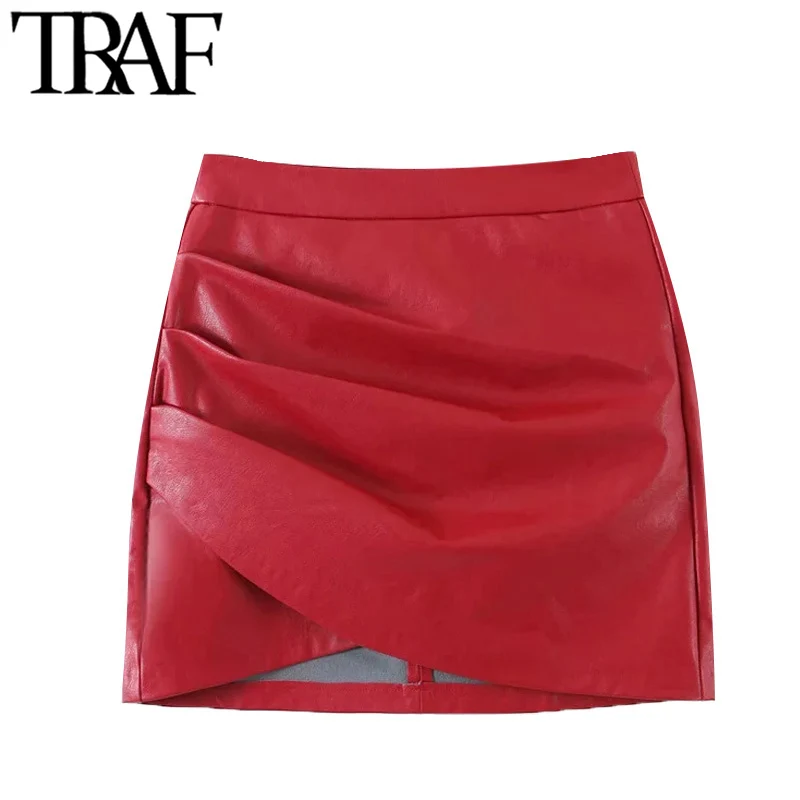 Юбка мини плиссированная Асимметричная из искусственной кожи с завышенной