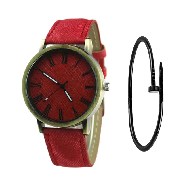 red and bracelet Ретро простые женские часы женские повседневные кварцевые наручные часы многоцветный кожаный ремешок новые женские часы reloj mujer час - Цвет: red and bracelet