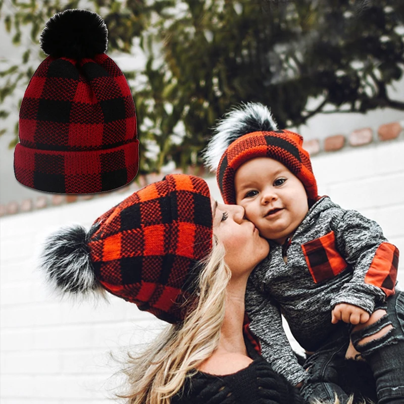 

Parent-Child Knitted Pompom Christmas Plaid Beanie Cap Autumn Winter Wool Hemming Warm Hat Fashion Baby Elastic Mommy and Me