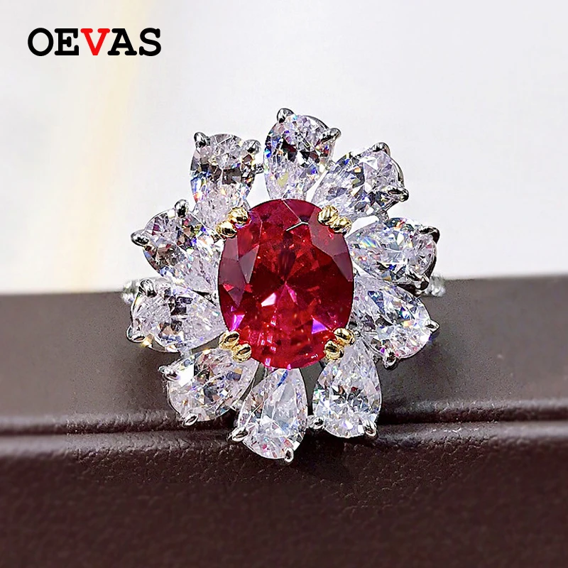 

OEVAS 100% Серебро 925 пробы 8*10 мм Рубин сверкающие высокоуглеродистые бриллиантовые обручальные кольца для женщин для вечевечерние ювелирные и...