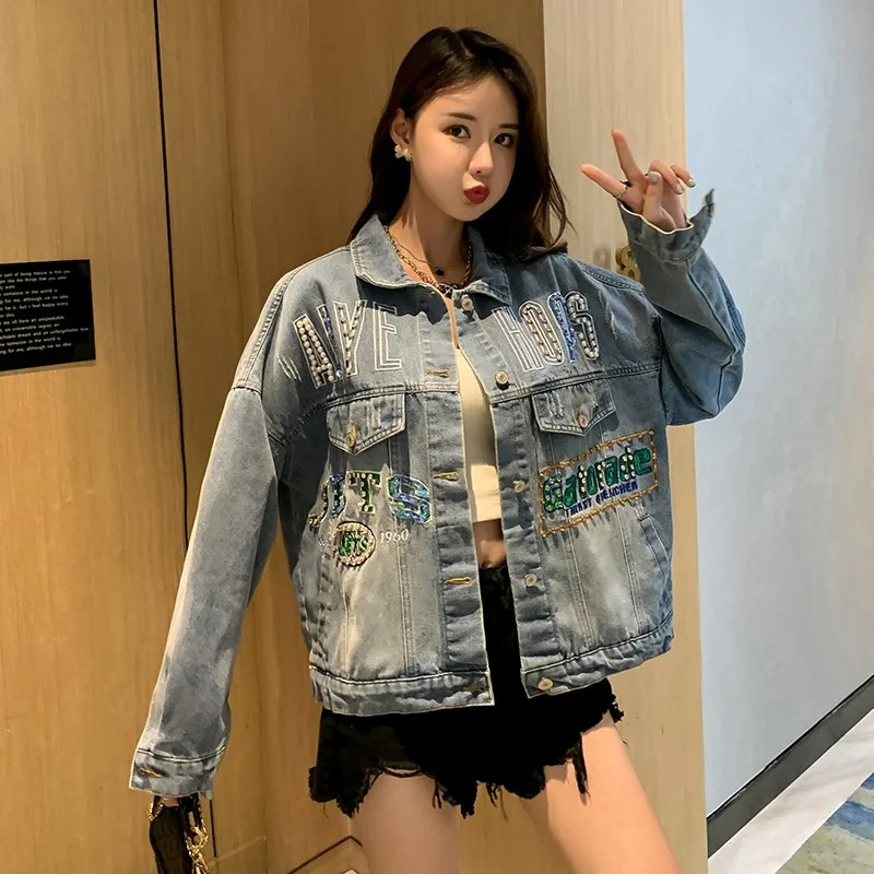 

Женская джинсовая куртка с жемчужными бусинами и блестками, свободная демисезонная куртка с вышивкой в стиле Харадзюку, женская уличная од...