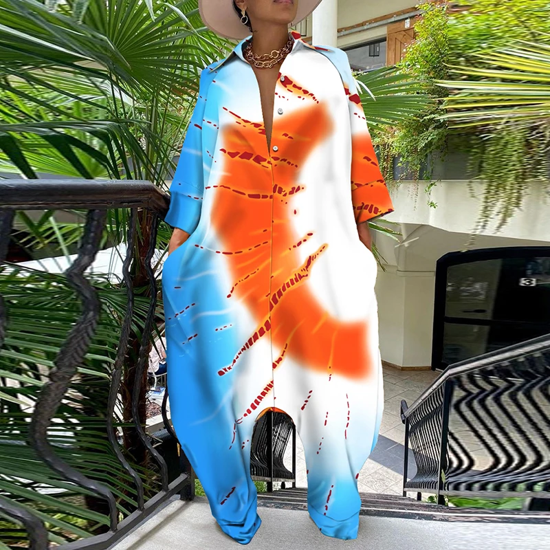 

Fashion Women Vintage Tie-dye Print Pocket Romper Bodysuit Spring Autumn Jumpsuits Casual Turndown Collar Button Loose Overalls