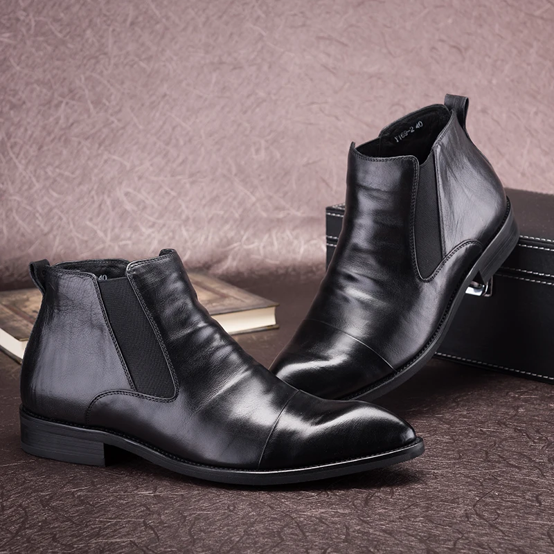 

Men Wingtip Chelsea Boots Genuine Leather Mens Platform Brogue Casual Ankle Flat Shoes Slip On Dress Black Wine Red Brand Boots