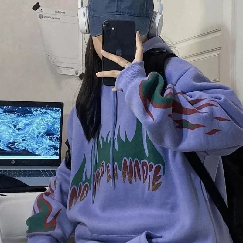 

Female Sweater women winter Korean retro flame print hooded harajuku punk top loose plus fleece jacket Oversized hoodie vintage