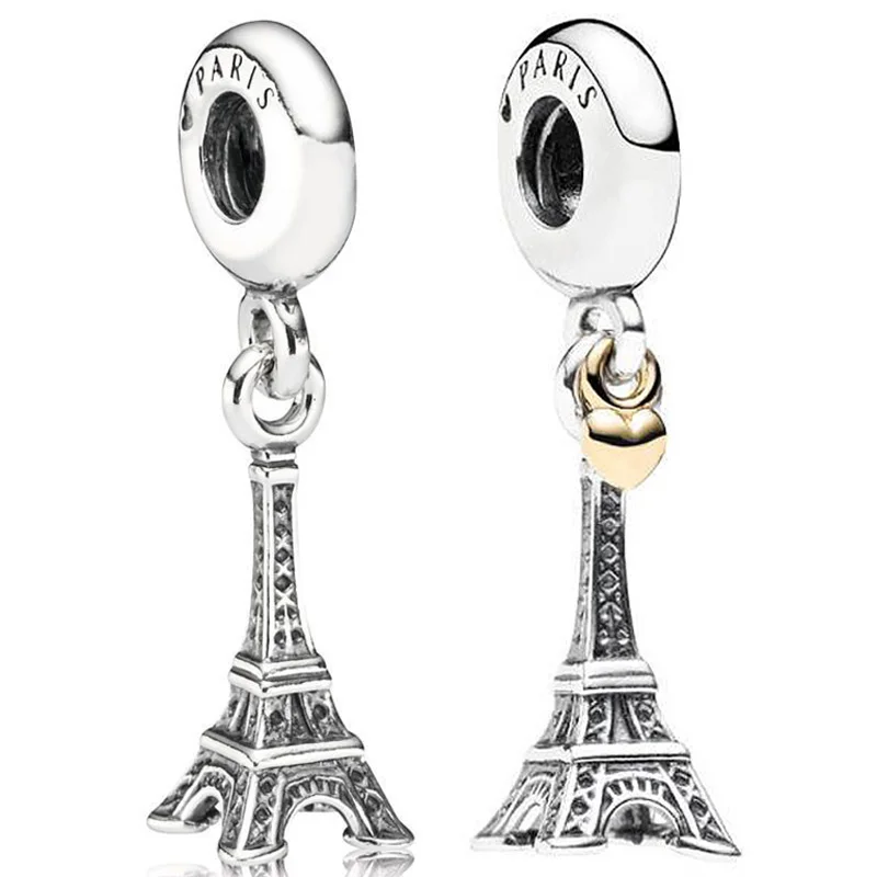

Original 925 Sterling Silver Charm Paris Eiffel Tower & Gold Heart Pendant Bead Fit Popular Bracelet DIY Jewelry
