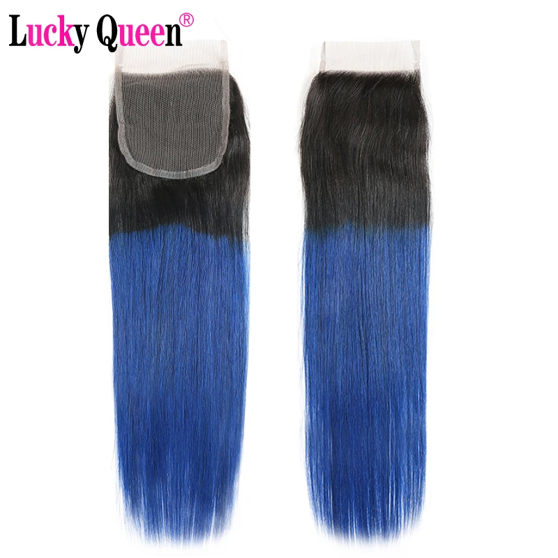 Счастливая Queen бразильские прямые волосы 1B/синий пучки человеческих волос Ombre с 4*4