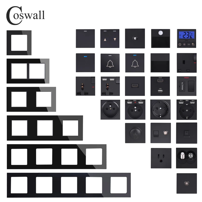 Настенный выключатель COSWALL Серии C1 черная стеклянная панель европейская и