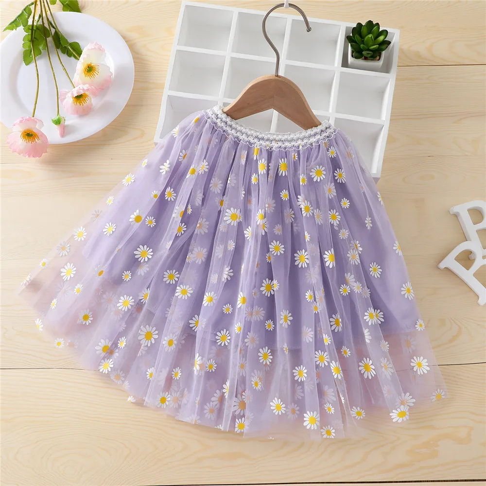 

6 Color Baby Girl Cute 3-Layer Tutu Skirt Summer Sweet Toddler Daisy Print Elastic Waist Midi Tulle Princess Skirt Purple Pink