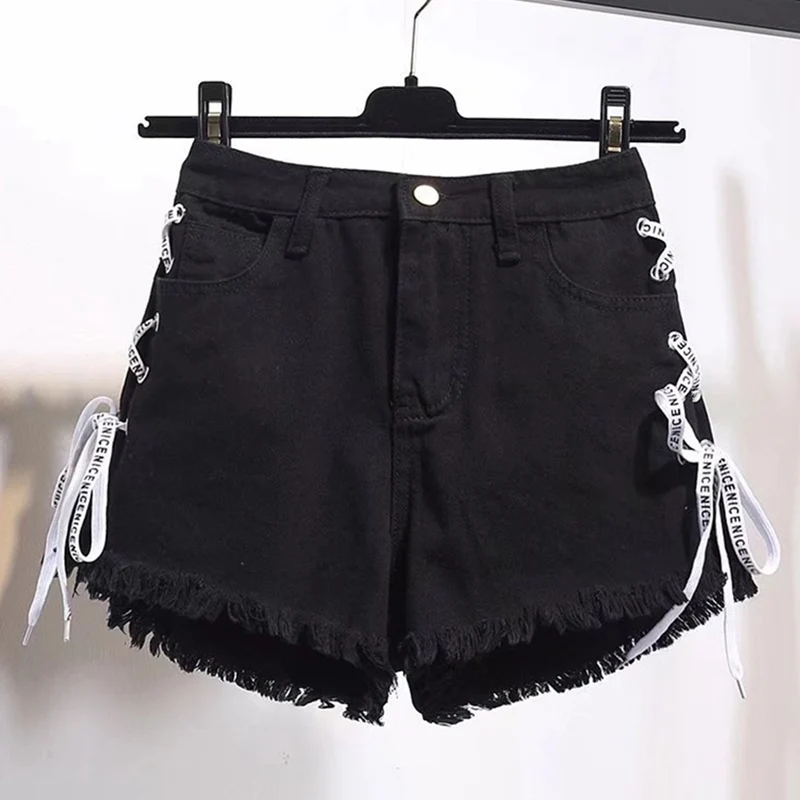 

Summer High Waisted Jean Shorts For Women Cut Off Side Straps Ripped Tassel Single Breasted Distressed Denim Shorts