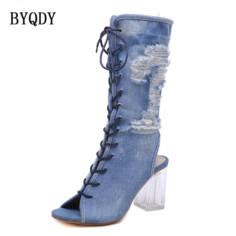 BYQDY/Новинка Женские джинсовые сапоги до середины икры на шнуровке с открытым