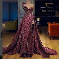 sexy new burgundy one shoulder sequined prom dresses high split ruffles sweep train evening gowns backless formal party dress