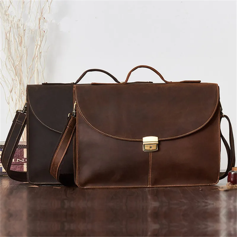 Retro Crazy Horse Leather Men Portable Business Briefcase Daily Work Office 15.6-inch Laptop real leather Shoulder Messenger Bag