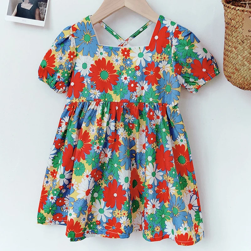 

2021 New Girls Dress Puff Sleeve Floral Halter Holiday Style Princess Dress Toddler Children Clothes Summer Dress