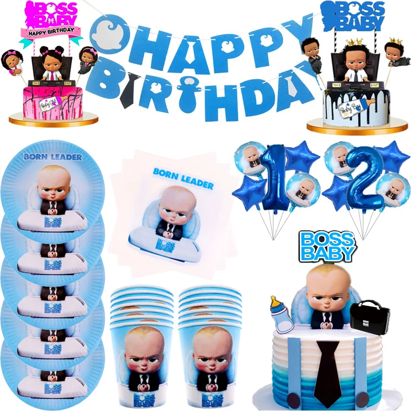 

Baby Boss Theme Birthday Party Decorations Cup Plate Napkins Cake Topper Balloons Disposable Tableware Baby Shower Supplies