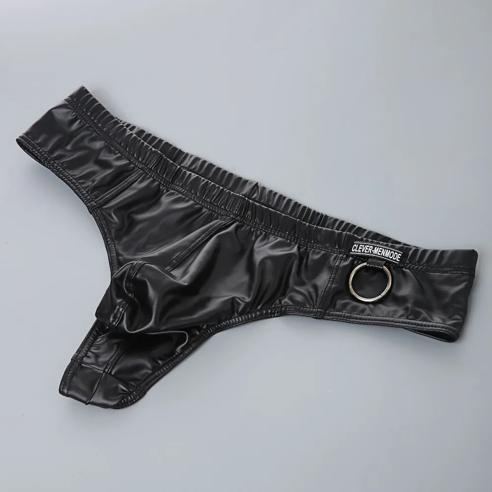 

Black Sexy Faux Leather Ondergoed Mannen Slips Mannen Mannelijke Lingerie Elastische Underpants Cueca Sexy Slipje Metalen Ring D