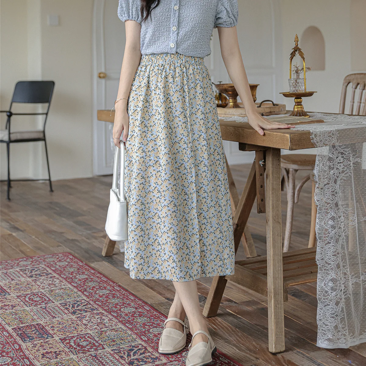 

French Retro High Waist Slimming Floral Split Midi Chiffon Skirt