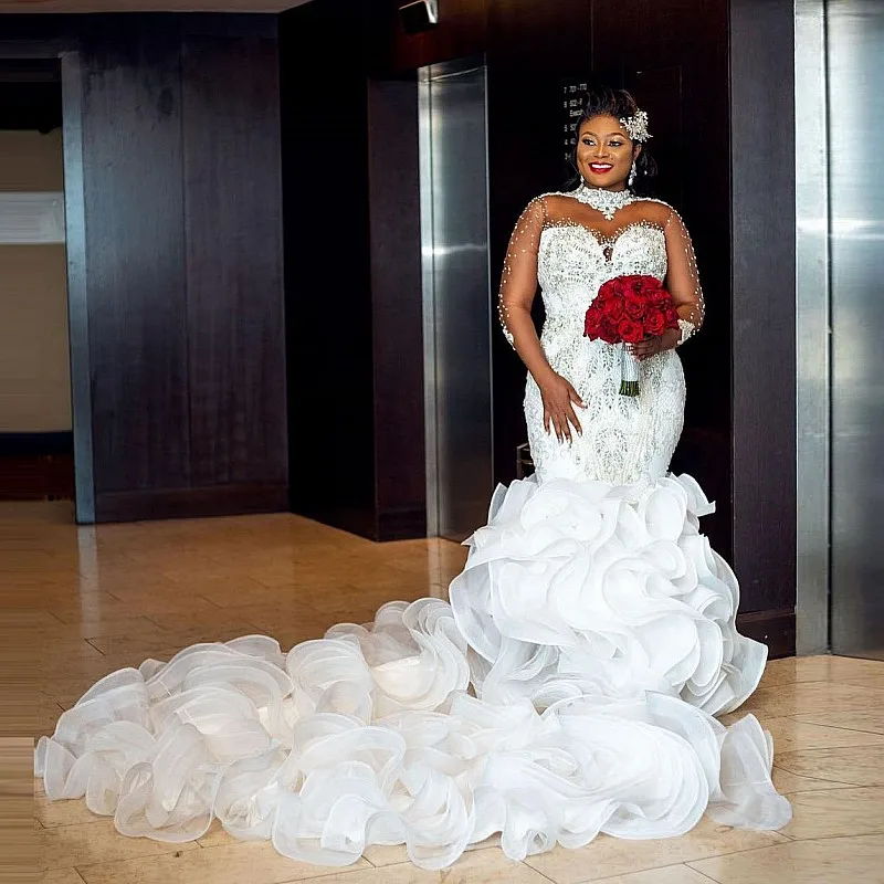 

Роскошные свадебные платья в африканском стиле с оборками, женское свадебное платье с высоким воротником и бисером