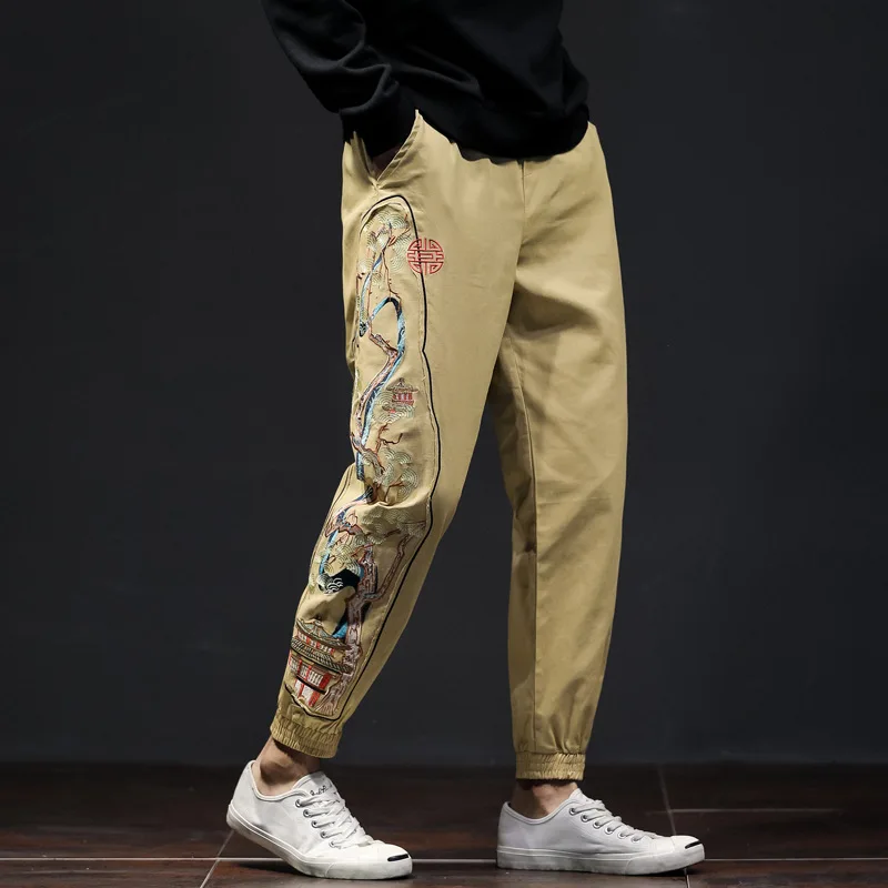 

Autumn and winter 2020 Chinese Style Men's pants casual loose pine Pavilion patchwork color matching embroidery leg pants