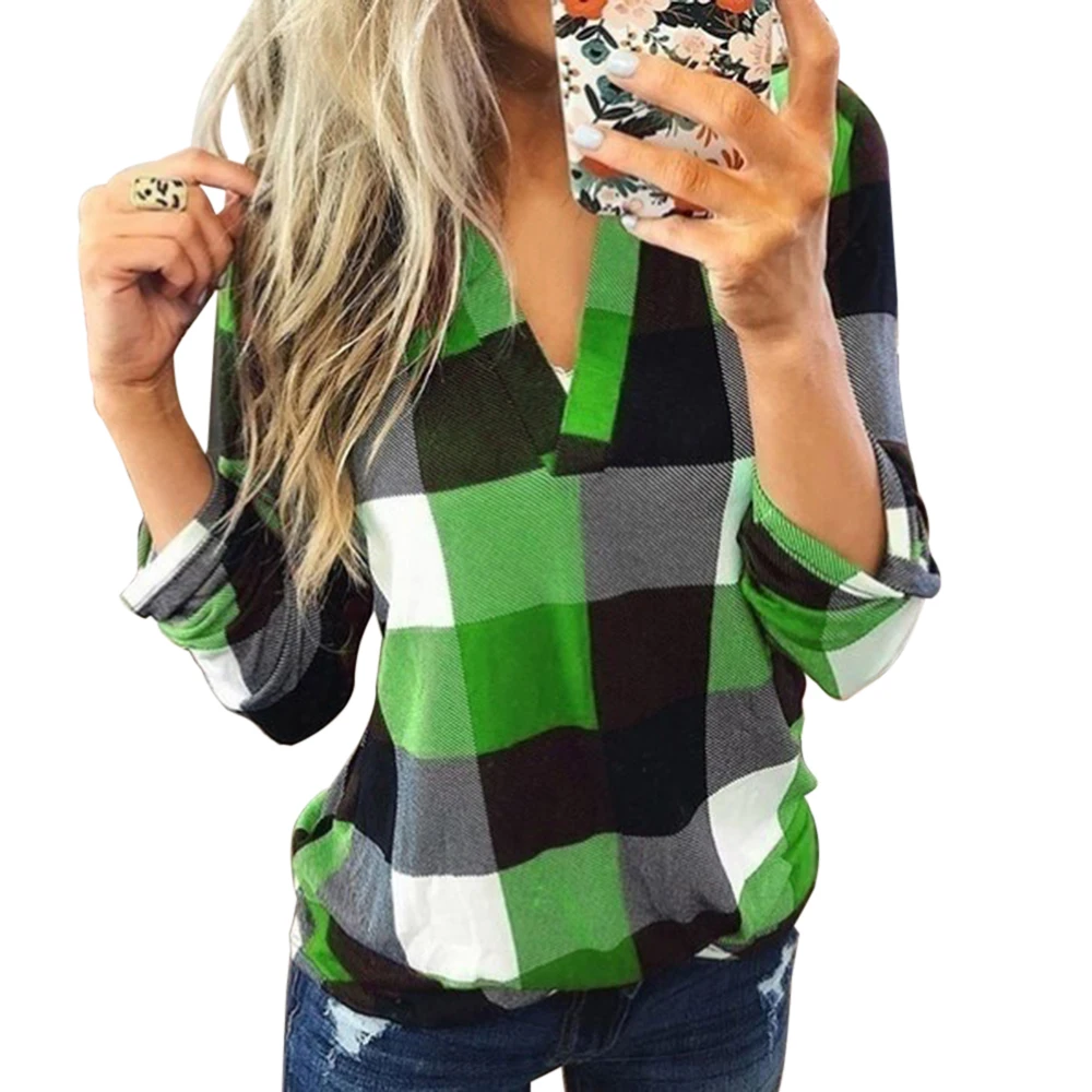 2019 модная повседневная клетчатая женская рубашка с длинным рукавом и v-образным