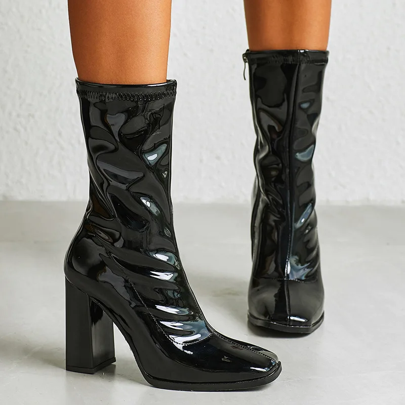 

Print Snake Pu Women Ankle Boots Zip Pointed Toe Footwear Thick High Heels Female Boot Party Shoes Women 2020 New Winter
