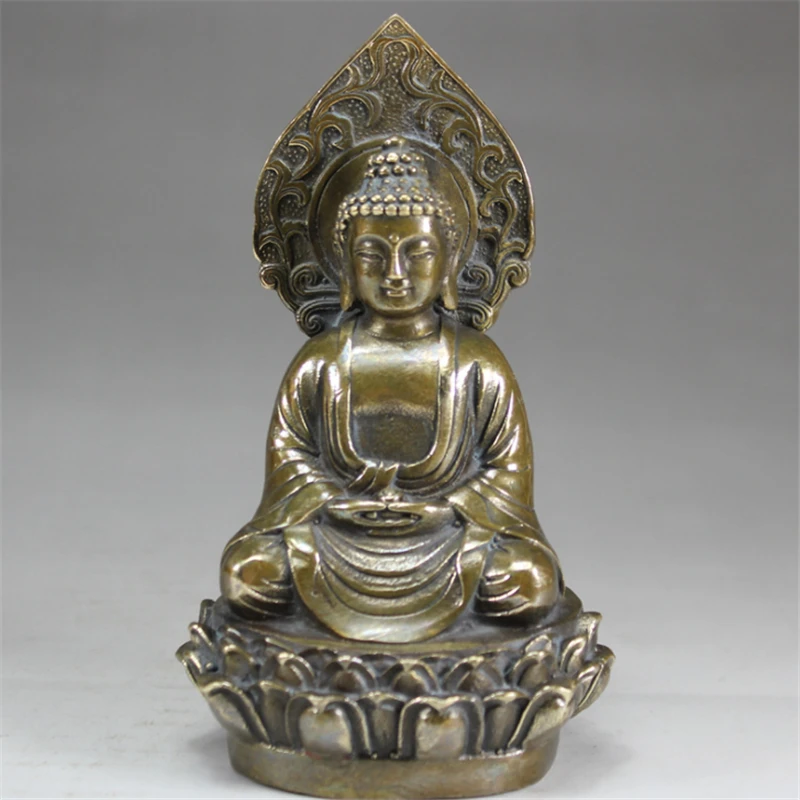 Tibetano Budismo Prata Handwork Estátua Shakyamuni Amitabha Buda Assento Decoração Metal Artesanato 14cm