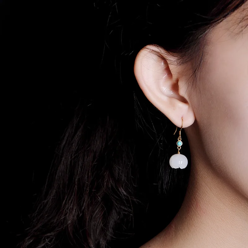 YIHUGMBO Real S925 Natural Gemstone Dangle Earrings for Women Hetian Jade Flower Pendant Elegant Wedding Silver Earring Jewelry | Украшения