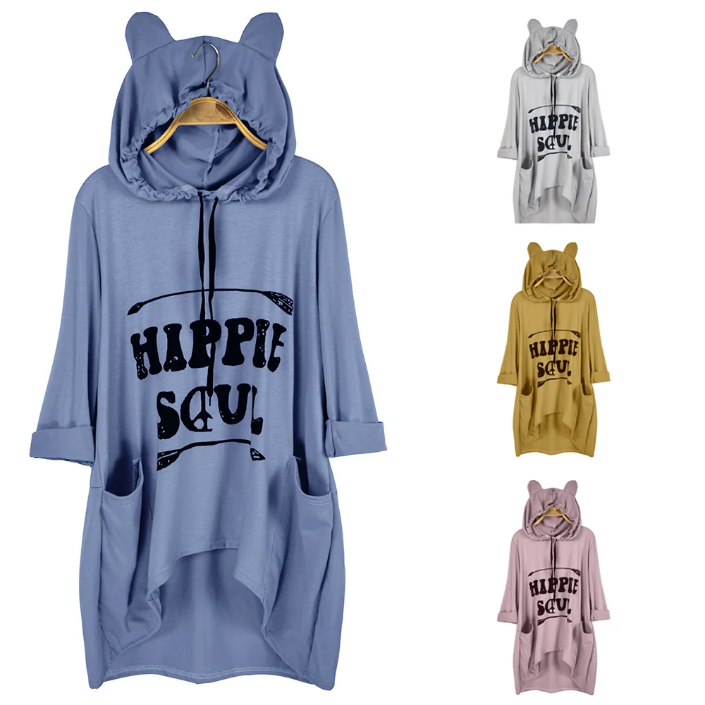 

Hot Products 2021 Fall/Spring Hoodie Europe and America Hooded Loose T-shirt Spot Large Size Women's Irregular Top