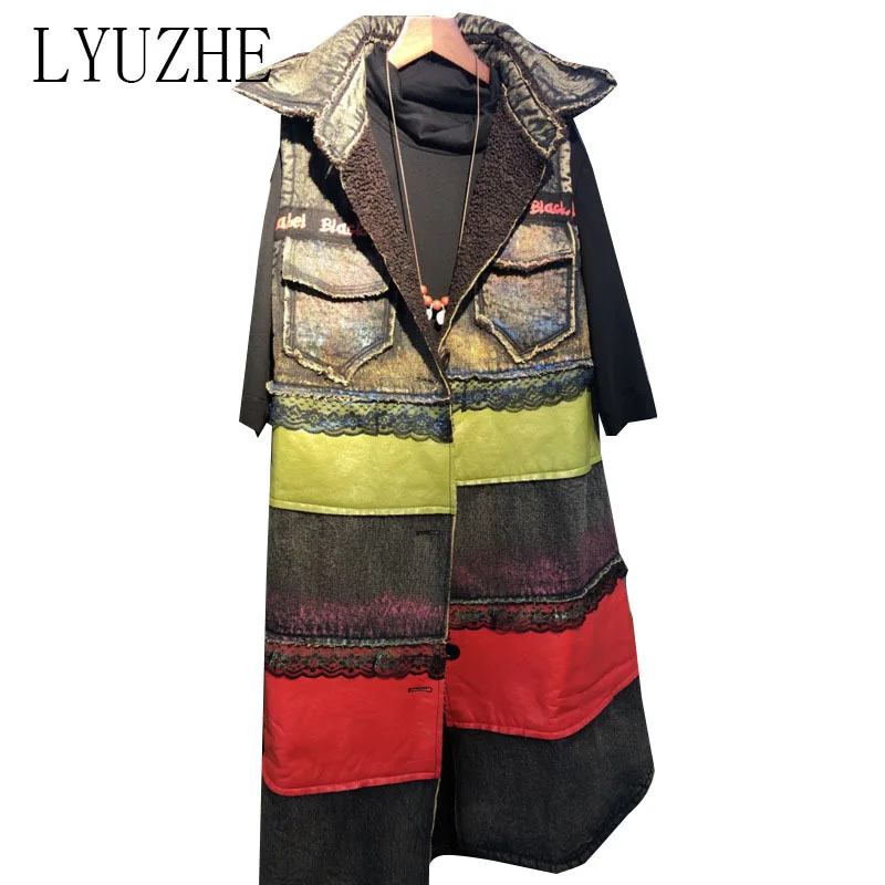 

Модный бренд LYUZHE, Женский цветной жилет в стиле пэчворк, осень 2021, Женский индивидуальный джинсовый жилет, женский тонкий теплый жилет ZQY081D