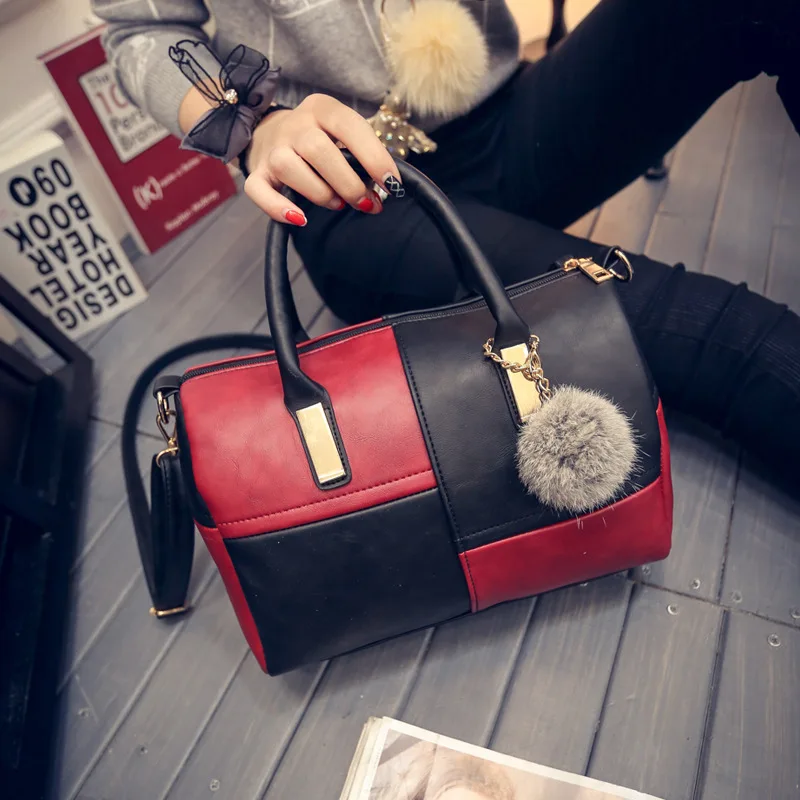 

2021 New Style Furry Ball Stitching Boston Bag Fashion Zipper Women's Bag Bag New Style Women's Bag Handbag