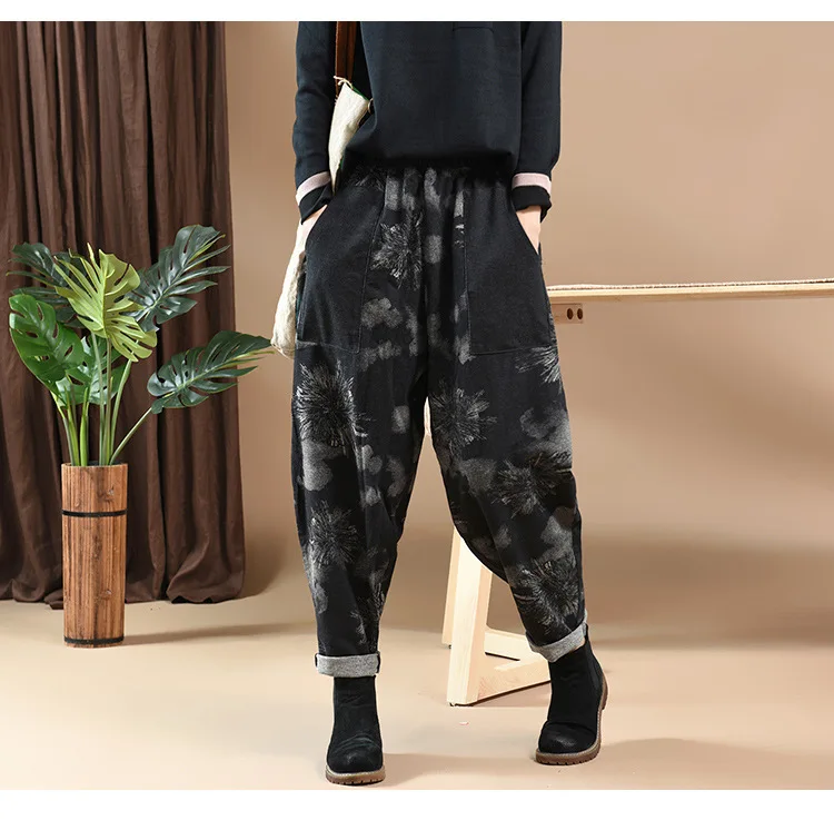 Женские осенние джинсы в стиле ретро с цветочным принтом Лоскутные трикотажные