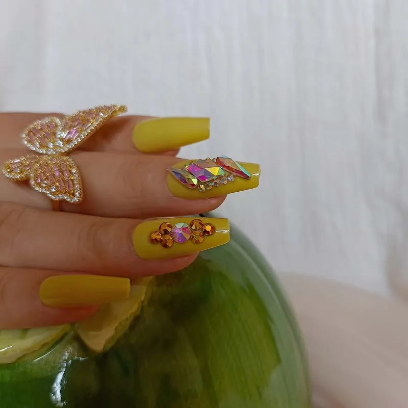 

24 шт. новейшие яркие Длинные балетные искусственные ногти ручной работы с кристаллами и бриллиантами Светло-лимонный желтый