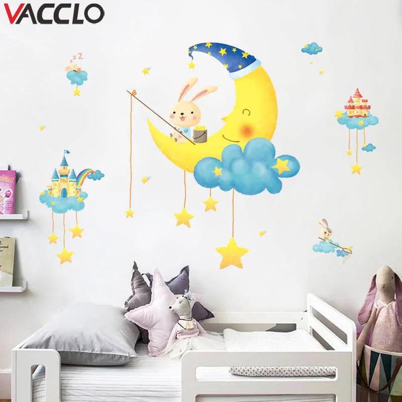 Vacclo DIY Мультяшные кролики животные звезды наклейки на стену Облака Звезды Луна