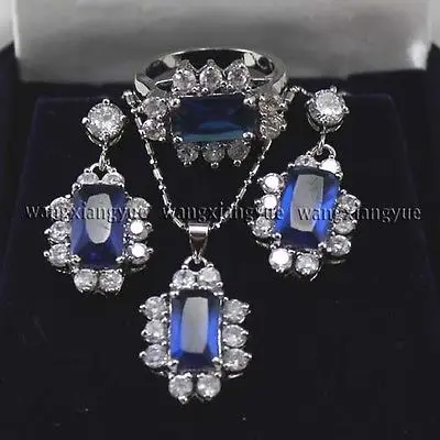 + Кристалл Голубой циркон ссылка серьги/Кольцо/ожерелье кулон набор&gt ^^ 1&gt 18 к