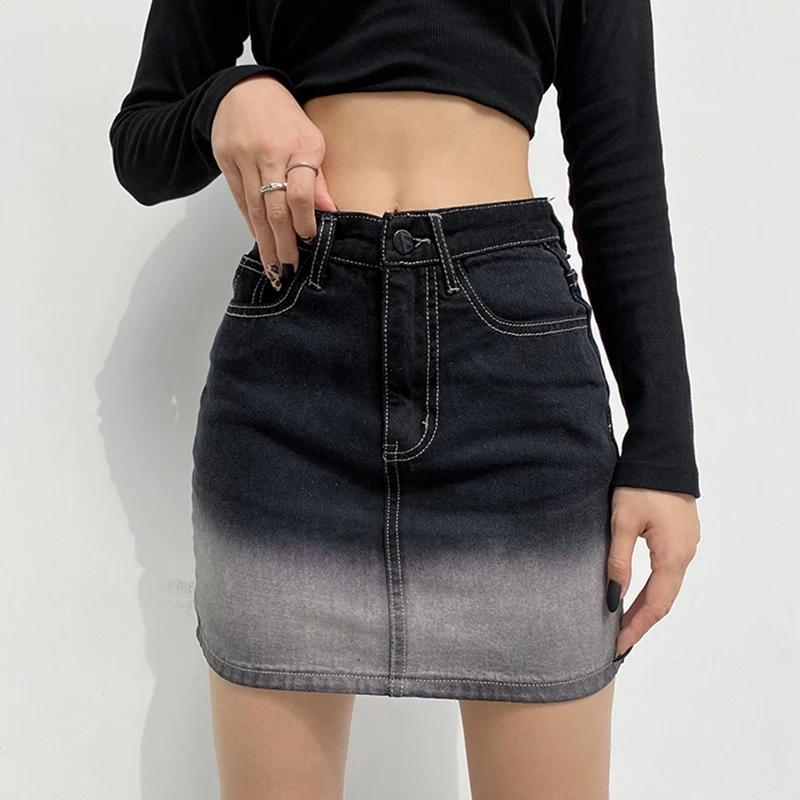 

Gradient Denim Straight Skirt Women High Waist Short Skirt Sexy Mini Skirts Black Streetwear Aesthetic Fashion