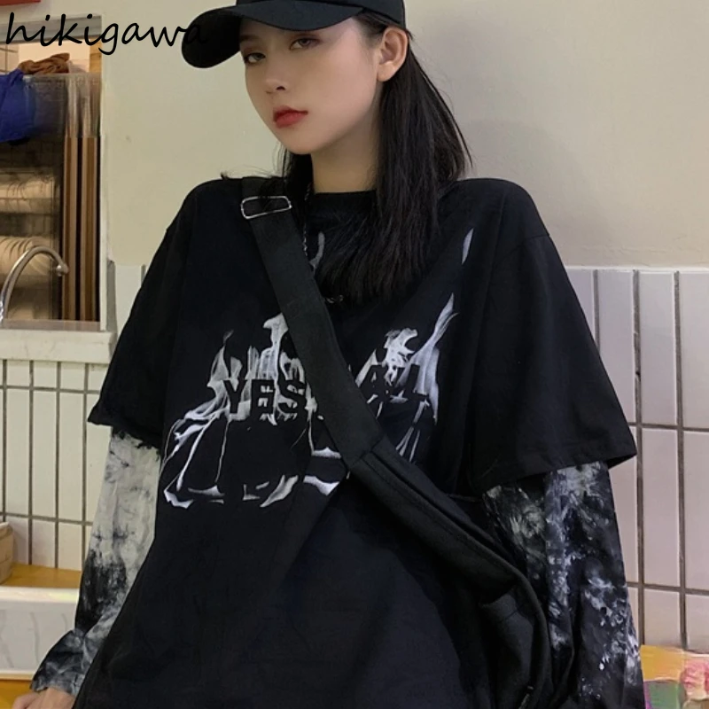 

Hikigawa Women's T-shirts Loose Fake Two Piece Tees Gothic Streetwear Harajuku Print Patchwork Tops Long Sleeve Black T Shirts