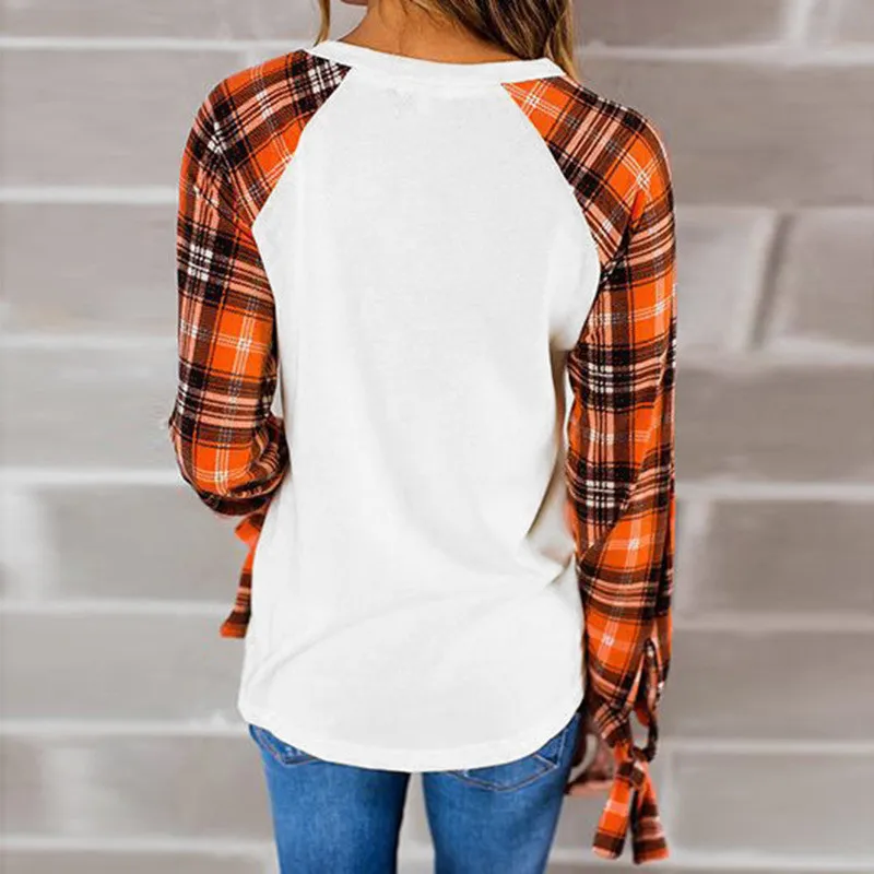 2019 плюс размер v образным вырезом клетчатая блузка кофта с принтом женские