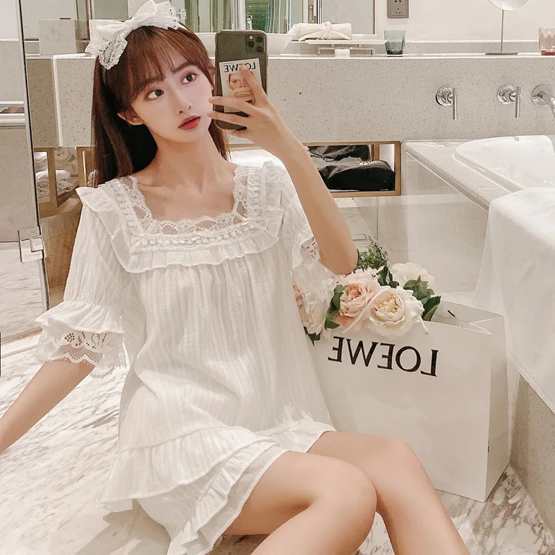 

Retro Sweet Lace Princess Pajamas 2PCS Women Summer Short-Sleeved Palace Cute Cotton Pajamas Pijama Mujer Home Clothes