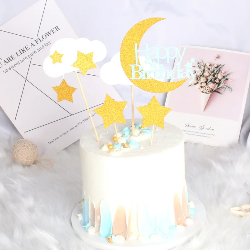 

4pcs Birthday Party Cupcake Decor Star Moon Clouds Cake Topper Home Party Decor Girl Dessert Baby Shower Wedding Party Supply