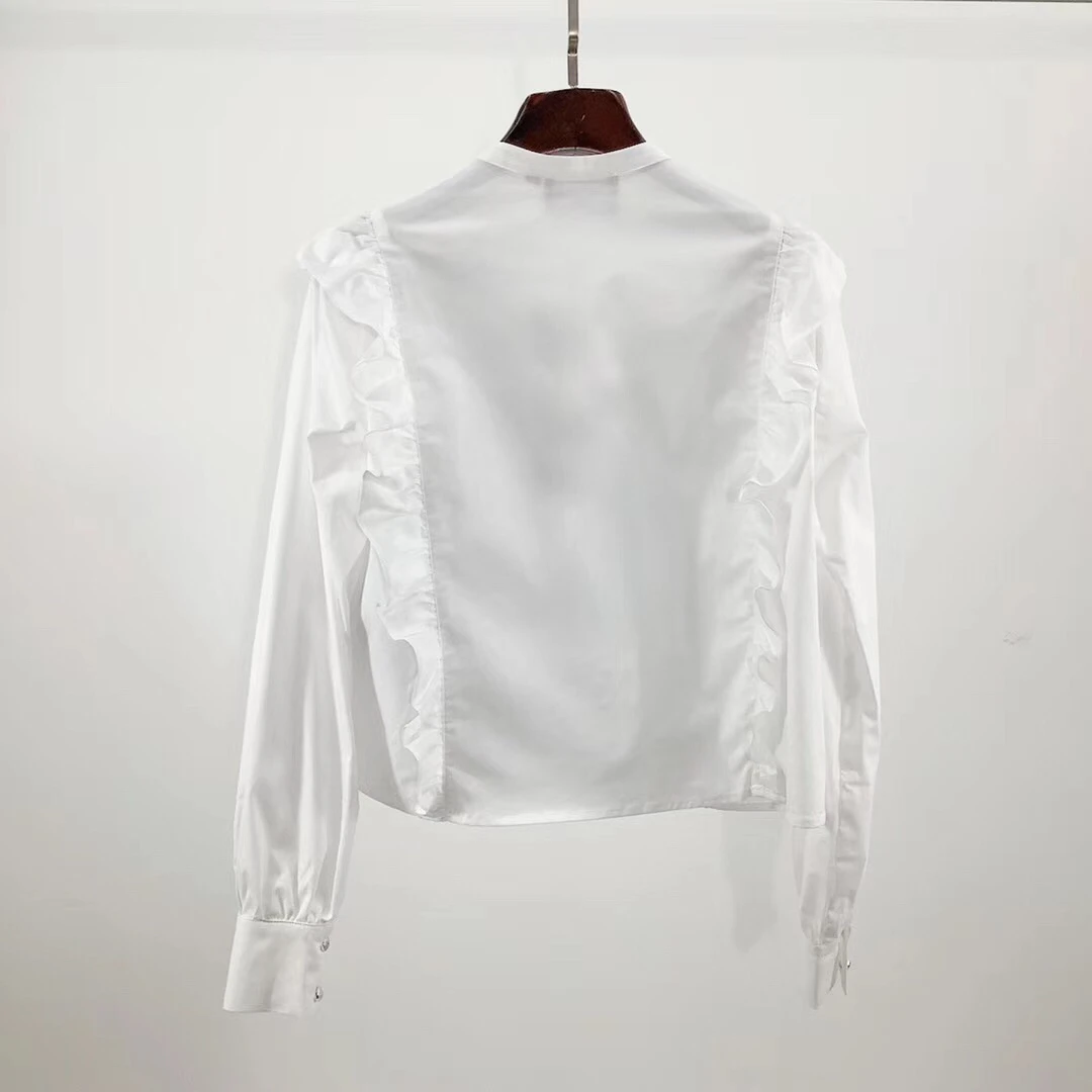 

2019 new winter O neck ruffles flounced women white cotton short blouse shirt