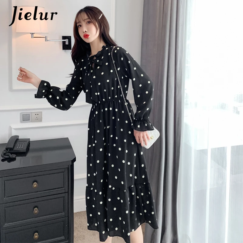 Jielur весеннее модное женское платье в горошек с эластичной резинкой на талии и