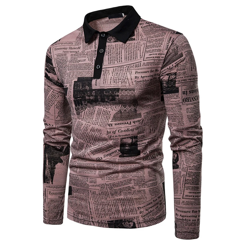 Осень 2019 Новая мужская рубашка поло модная цветная с газетным принтом Мужская