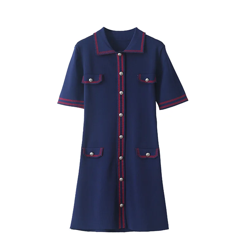 

Summer Luxury Striped Women Dresses Girl Vintage Short Sleeve Metal Buttons Turn-Down Collar Lady Slim knitting Cotton Dresses