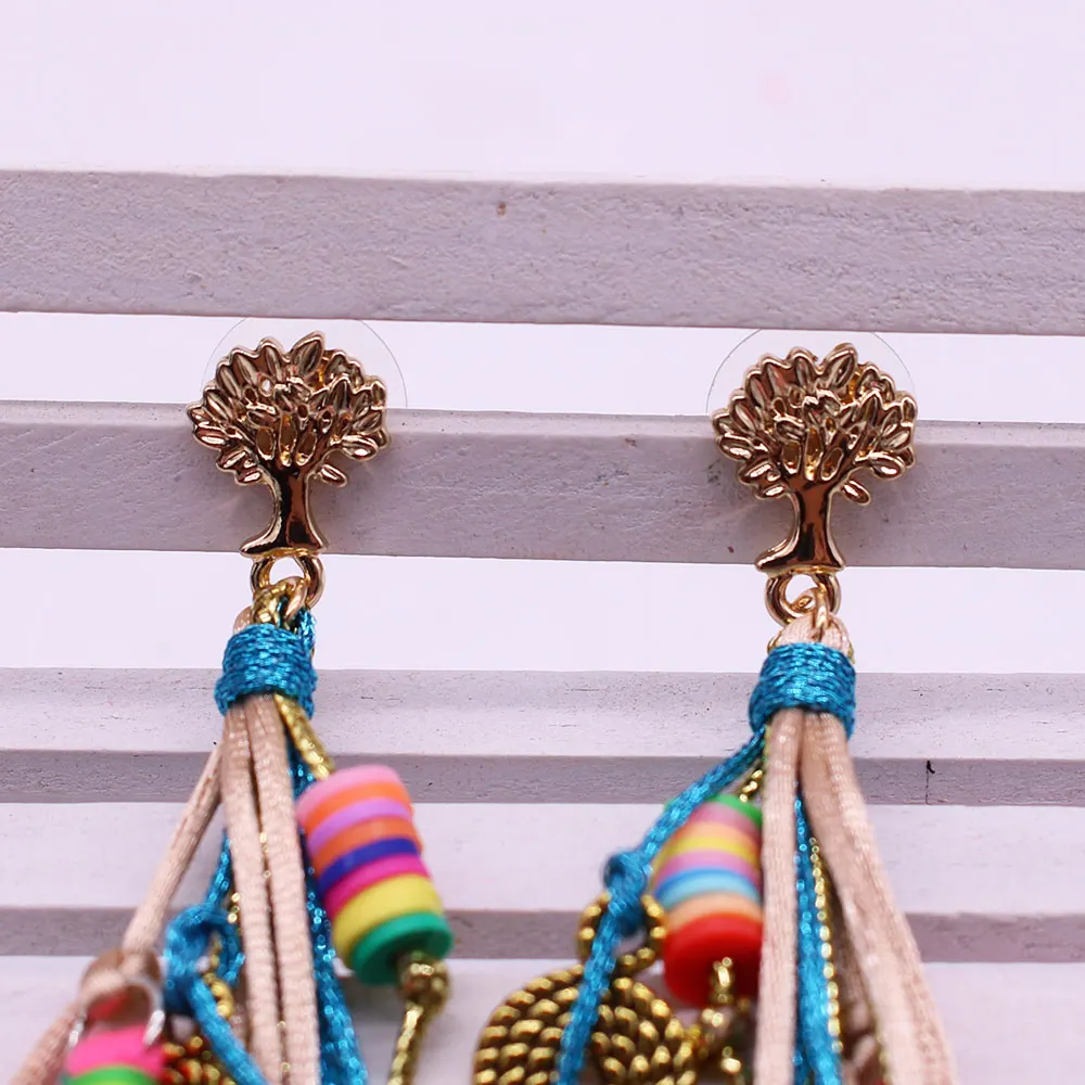 

Bohemian Style Colorful Tassel Long Earrings Fashion Alloy Tree of life Women's Earrings & Ear Pins Soft Ceramic Beaded Jewelry