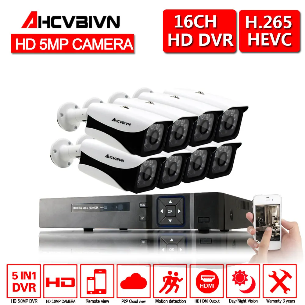 Черный AHCVBIVN 16CH камера безопасности системы AHD DVR комплект 16 шт. 2592x1944 5.0MP ИК наружная камера видеонаблюдения P2P комплект видеонаблюдения - Цвет: Черный