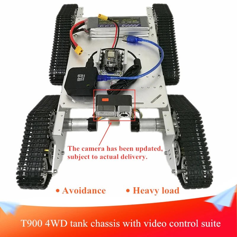 

T900 4WD Tank Chassis with Openwrt Router+HD Camera from ESP8266 Nodemcu Development Board+Driver Board Kit Competition Project