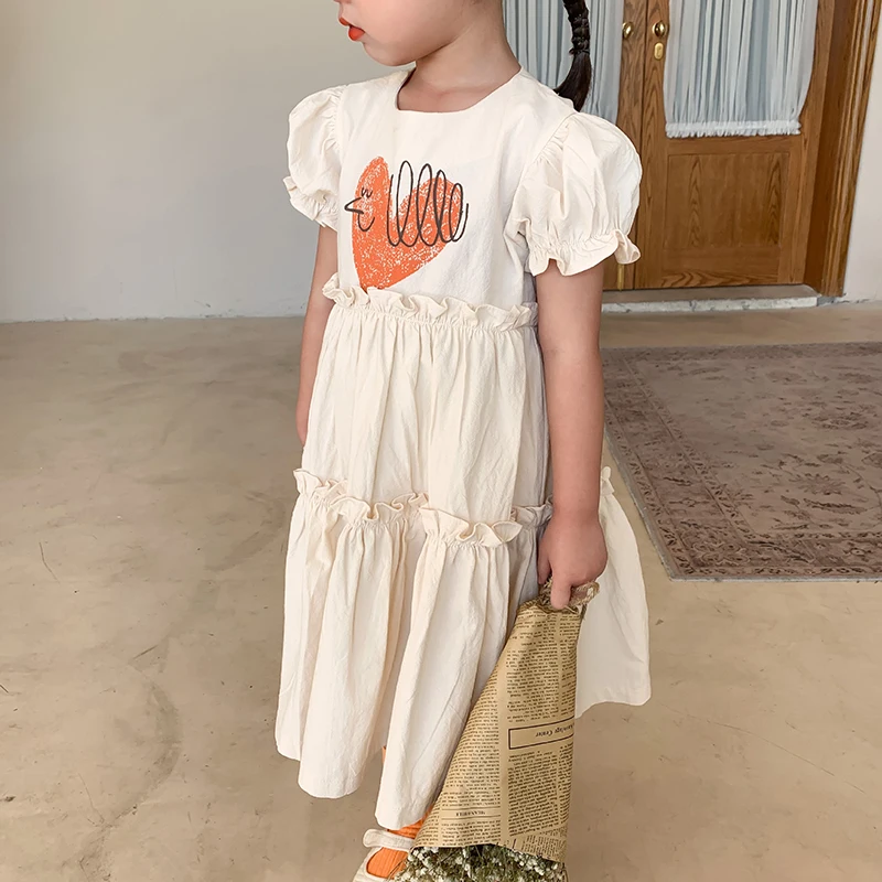 

Girls Wedding Party Costumes 2021 New Summer Baby Girl Cute Heart Print Dresses Short Sleeve Kids Princess Vestidos